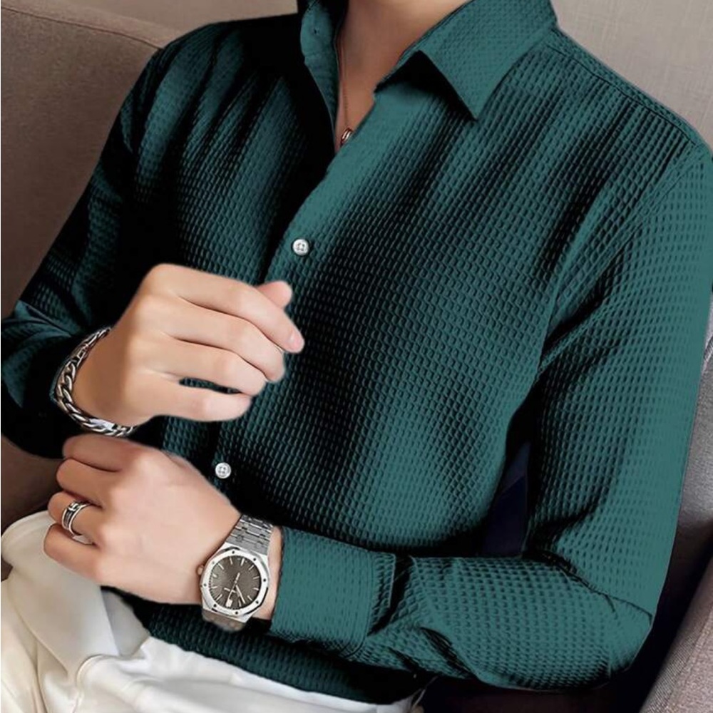 Mode Men's Pure Color Waffle Plaid Long Sleeve Shirt